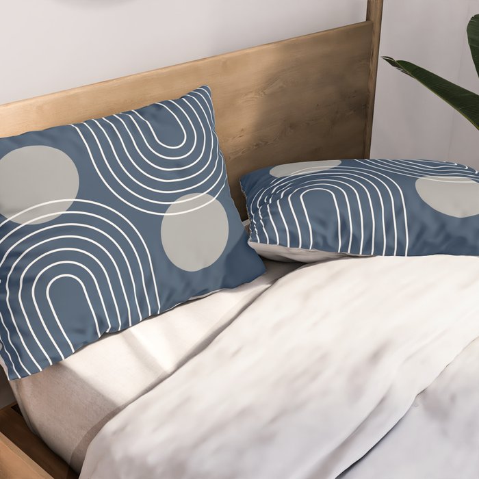 Mid Century Modern Geometric 106 in Navy Blue and Grey (Rainbow and Sun Abstraction) Pillow Sham Gallery Image 2