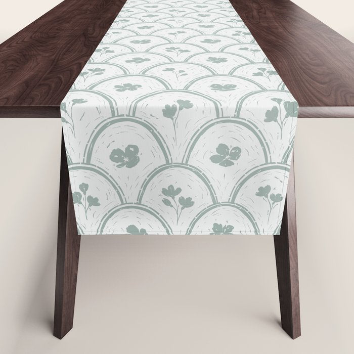 Rustic scallop floral block print - dusty mint pastel green pattern Table Runner Gallery Image 1
