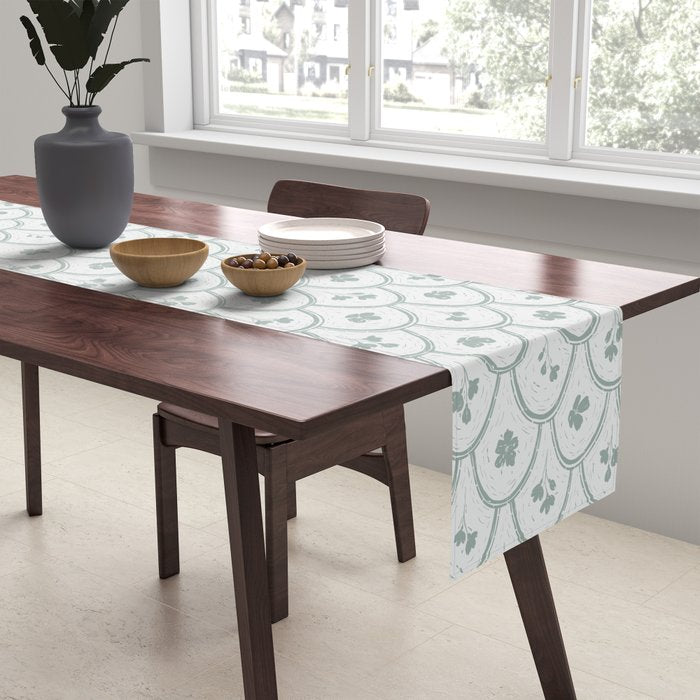 Rustic scallop floral block print - dusty mint pastel green pattern Table Runner Gallery Image 2