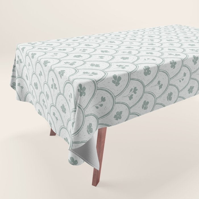 Rustic scallop floral block print - dusty mint pastel green pattern Tablecloth Gallery Image 1