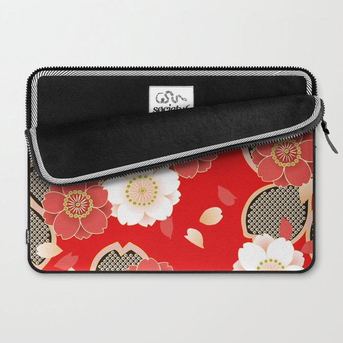 Japanese Vintage Red Black White Floral Kimono Pattern Laptop Sleeve Gallery Image 2