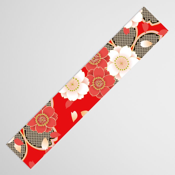 Japanese Vintage Red Black White Floral Kimono Pattern Table Runner Gallery Image 3