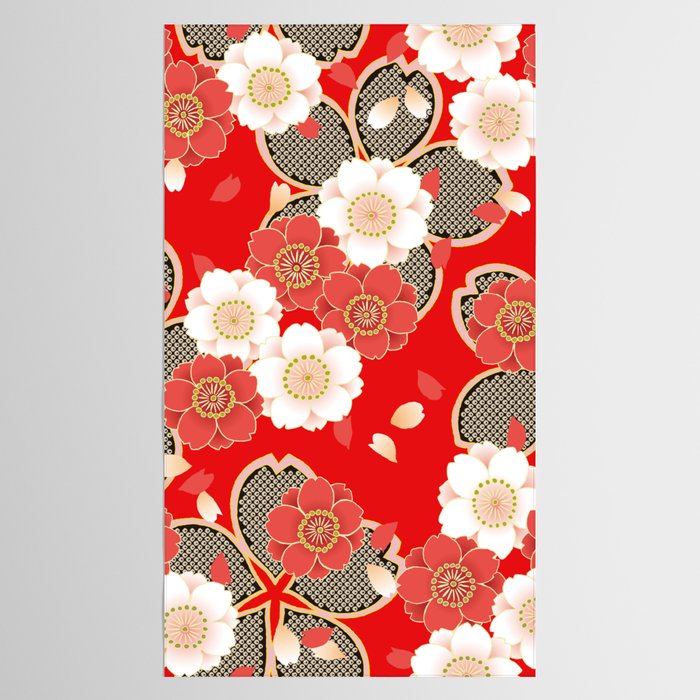 Japanese Vintage Red Black White Floral Kimono Pattern Tablecloth Gallery Image 2