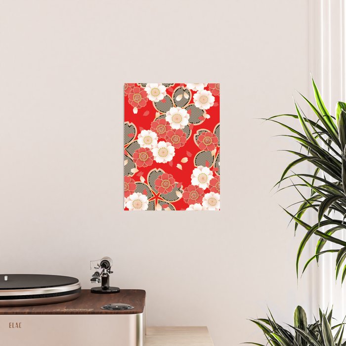 Japanese Vintage Red Black White Floral Kimono Pattern Poster Gallery Image 2