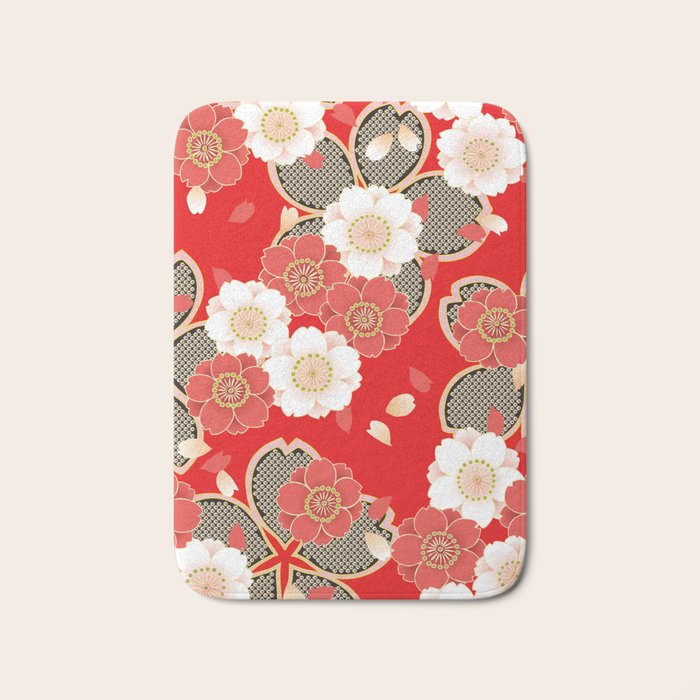 Japanese Vintage Red Black White Floral Kimono Pattern Bath Mat Gallery Image 1