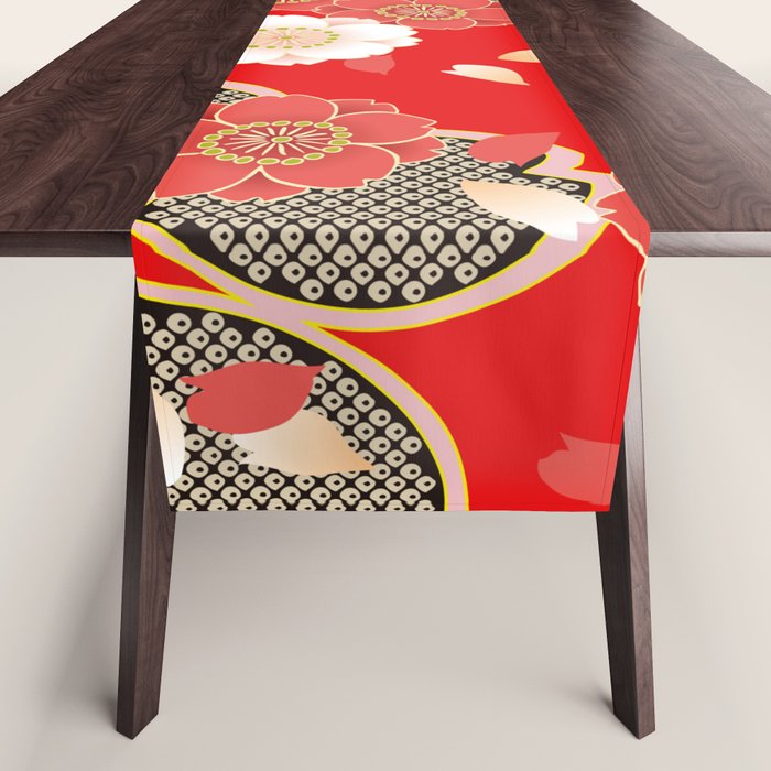 Japanese Vintage Red Black White Floral Kimono Pattern Table Runner Gallery Image 1