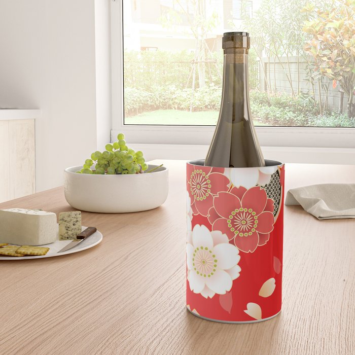 Japanese Vintage Red Black White Floral Kimono Pattern Wine Chiller Gallery Image 4