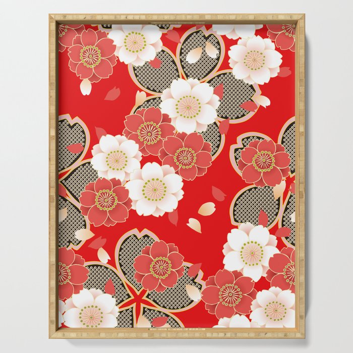 Japanese Vintage Red Black White Floral Kimono Pattern Serving Tray Gallery Image 1
