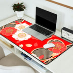 Japanese Vintage Red Black White Floral Kimono Pattern Desk Mat Gallery Image 2