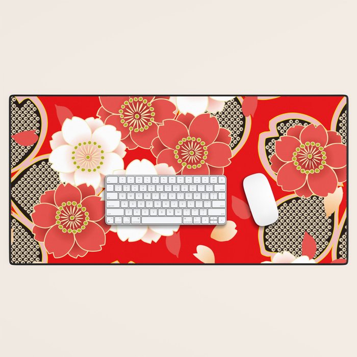 Japanese Vintage Red Black White Floral Kimono Pattern Desk Mat Gallery Image 1