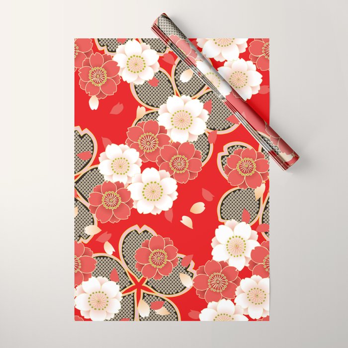 Japanese Vintage Red Black White Floral Kimono Pattern Wrapping Paper Gallery Image 1