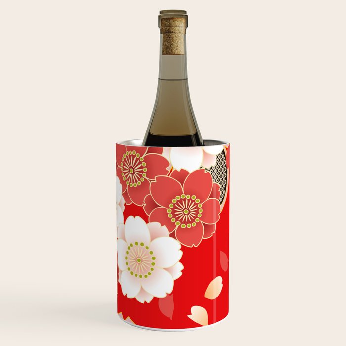 Japanese Vintage Red Black White Floral Kimono Pattern Wine Chiller Gallery Image 1