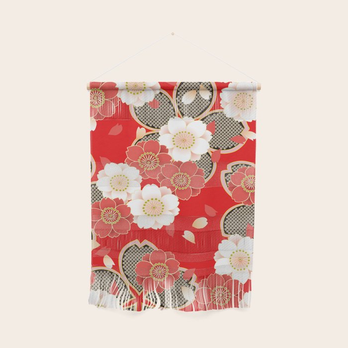 Japanese Vintage Red Black White Floral Kimono Pattern Wall Hanging Gallery Image 1
