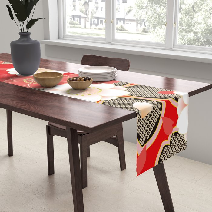 Japanese Vintage Red Black White Floral Kimono Pattern Table Runner Gallery Image 2