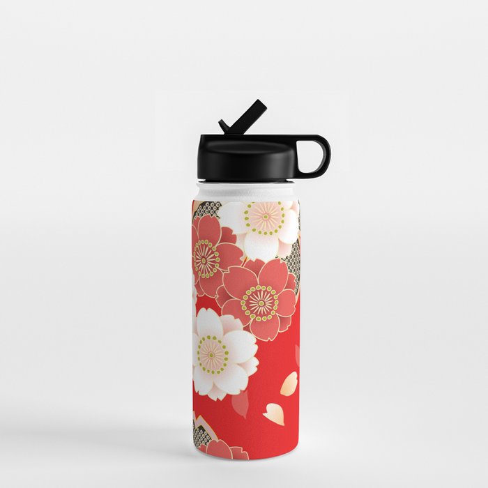 Japanese Vintage Red Black White Floral Kimono Pattern Water Bottle Gallery Image 1