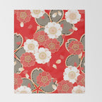 Japanese Vintage Red Black White Floral Kimono Pattern Throw Blanket Gallery Image 2