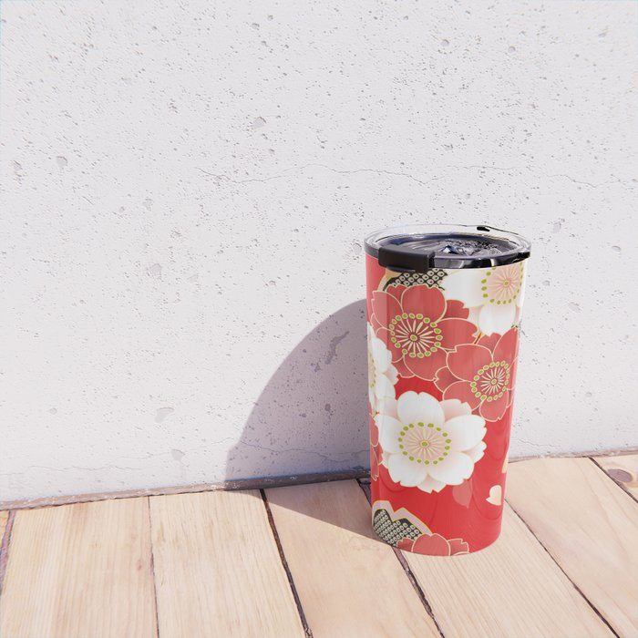 Japanese Vintage Red Black White Floral Kimono Pattern Travel Mug Gallery Image 4
