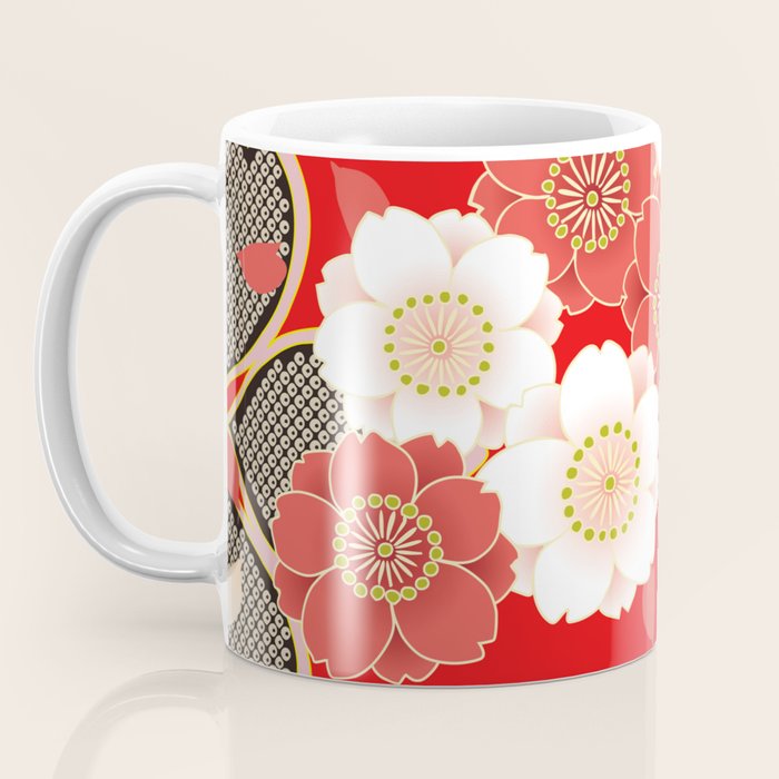 Japanese Vintage Red Black White Floral Kimono Pattern Coffee Mug Gallery Image 3