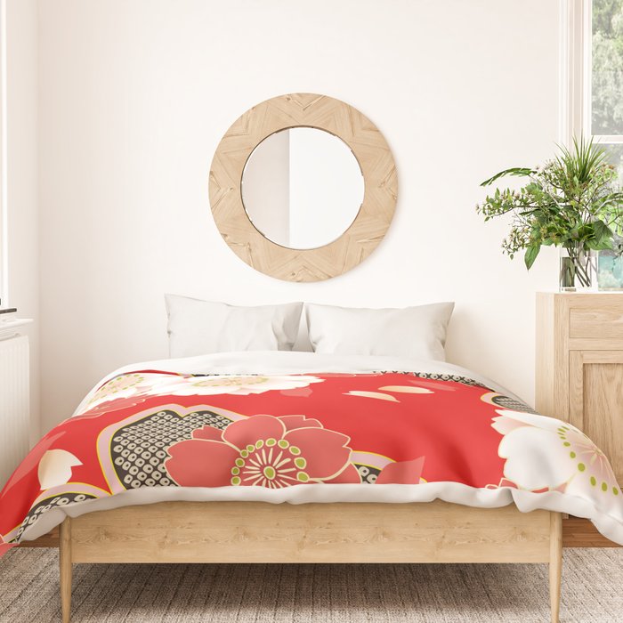 Japanese Vintage Red Black White Floral Kimono Pattern Duvet Cover Gallery Image 3