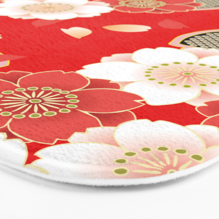 Japanese Vintage Red Black White Floral Kimono Pattern Bath Mat Gallery Image 3