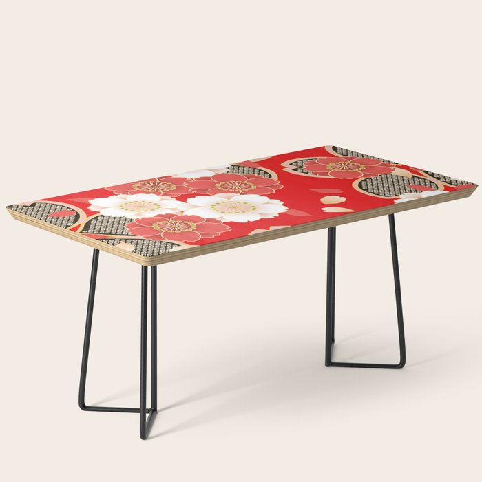 Japanese Vintage Red Black White Floral Kimono Pattern Coffee Table Gallery Image 1
