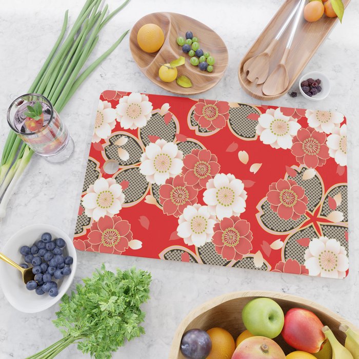 Japanese Vintage Red Black White Floral Kimono Pattern Cutting Board Gallery Image 2