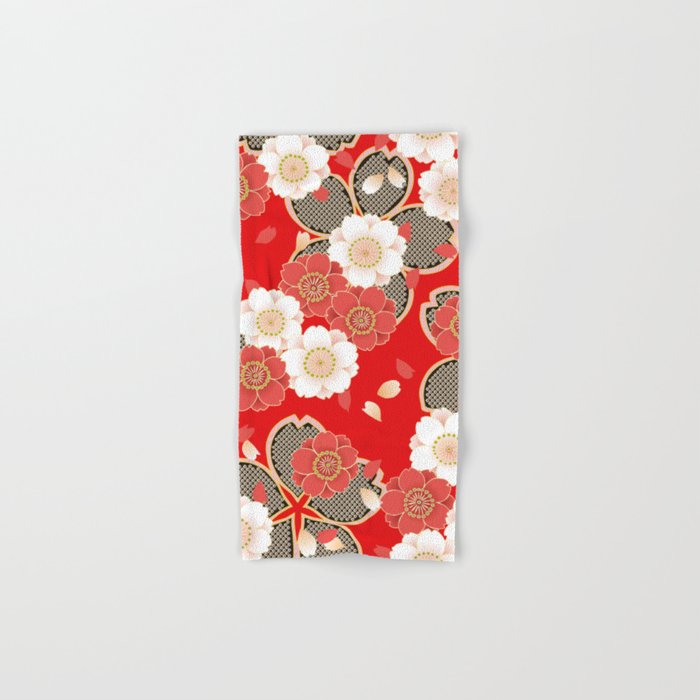 Japanese Vintage Red Black White Floral Kimono Pattern Bath Towel Gallery Image 1