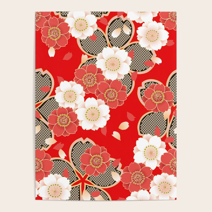 Japanese Vintage Red Black White Floral Kimono Pattern Poster Gallery Image 4