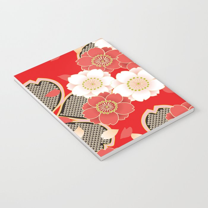 Japanese Vintage Red Black White Floral Kimono Pattern Notebook Gallery Image 3