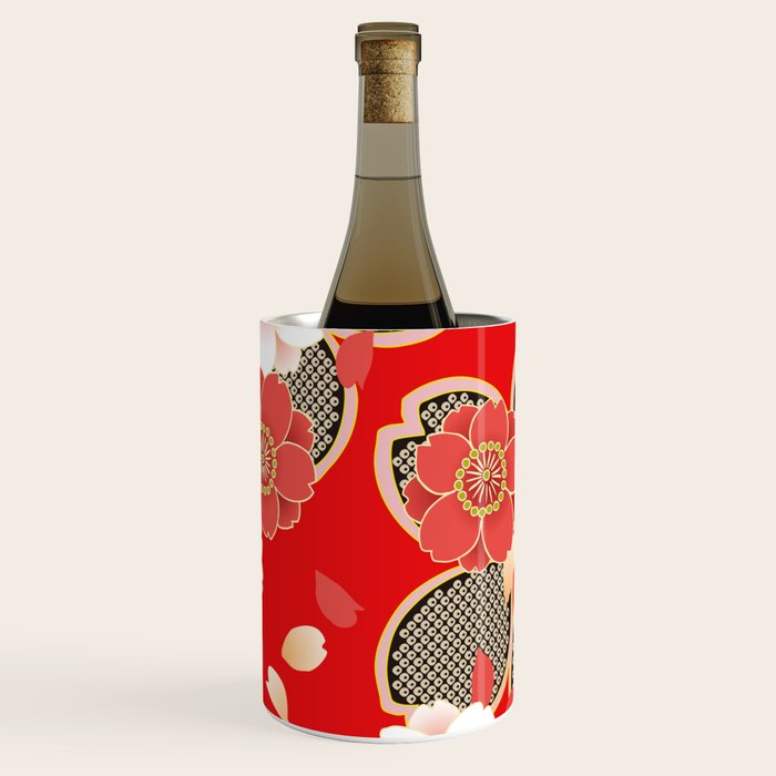 Japanese Vintage Red Black White Floral Kimono Pattern Wine Chiller Gallery Image 3