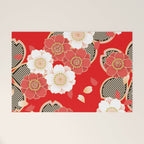 Japanese Vintage Red Black White Floral Kimono Pattern Welcome Mat Gallery Image 1
