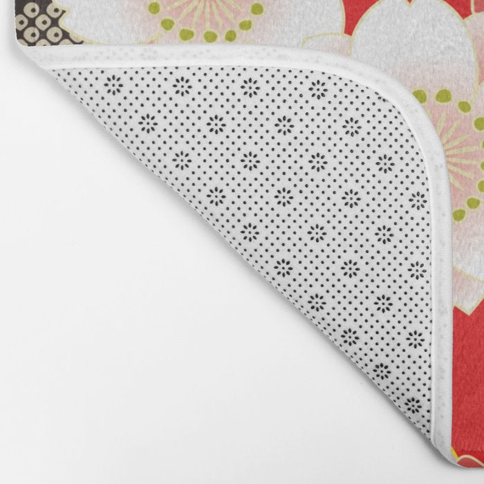 Japanese Vintage Red Black White Floral Kimono Pattern Bath Mat Gallery Image 2