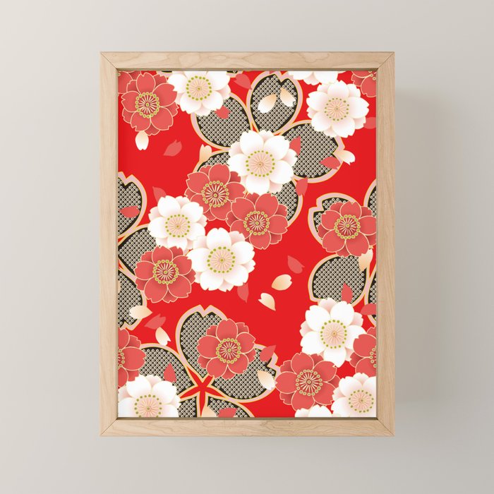 Japanese Vintage Red Black White Floral Kimono Pattern Mini Art Print Gallery Image 1