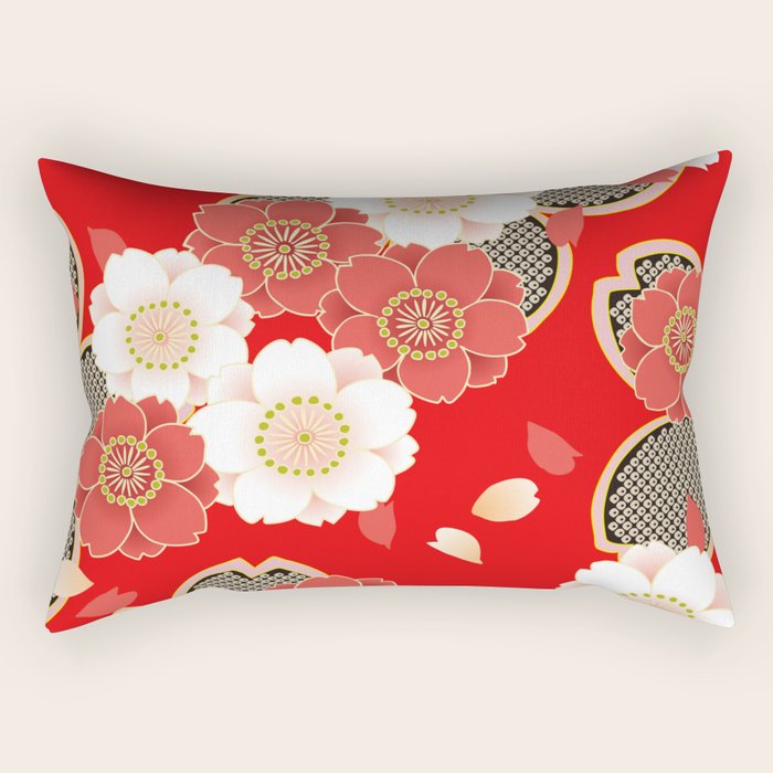 Japanese Vintage Red Black White Floral Kimono Pattern Rectangular Pillow Gallery Image 2