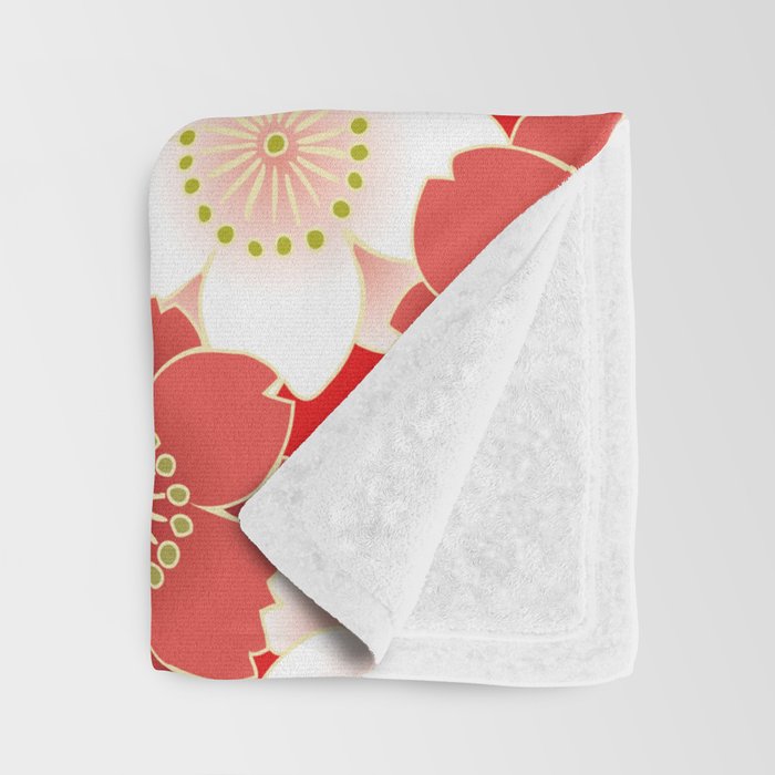 Japanese Vintage Red Black White Floral Kimono Pattern Throw Blanket Gallery Image 3