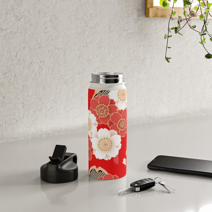 Japanese Vintage Red Black White Floral Kimono Pattern Water Bottle Gallery Image 4