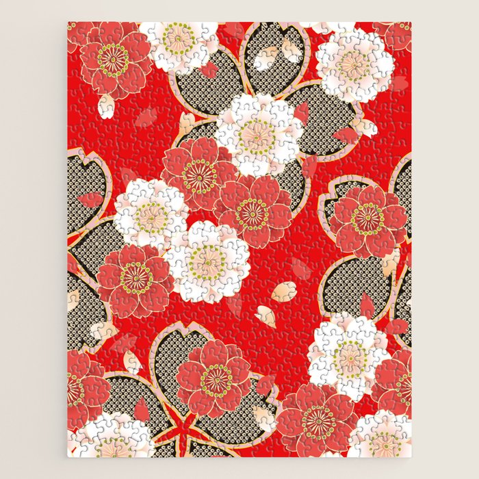 Japanese Vintage Red Black White Floral Kimono Pattern Jigsaw Puzzle Gallery Image 1