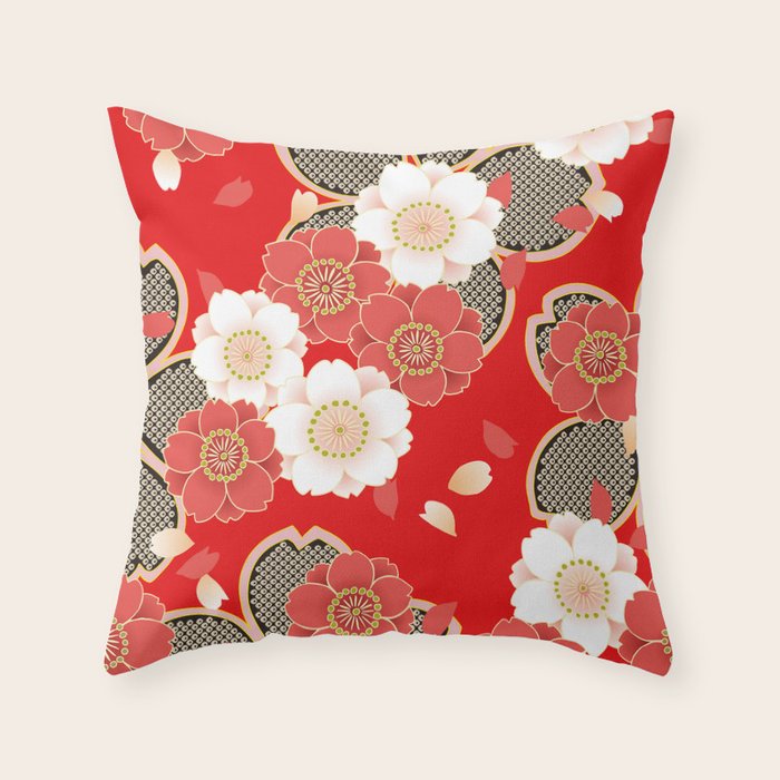 Japanese Vintage Red Black White Floral Kimono Pattern Throw Pillow Gallery Image 6