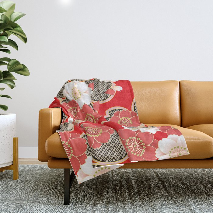Japanese Vintage Red Black White Floral Kimono Pattern Throw Blanket Gallery Image 1
