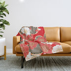 Japanese Vintage Red Black White Floral Kimono Pattern Throw Blanket Gallery Image 1
