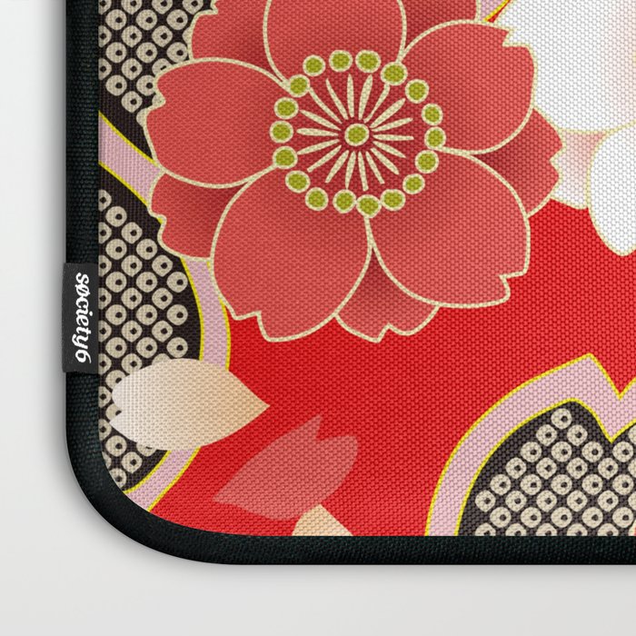 Japanese Vintage Red Black White Floral Kimono Pattern Laptop Sleeve Gallery Image 3