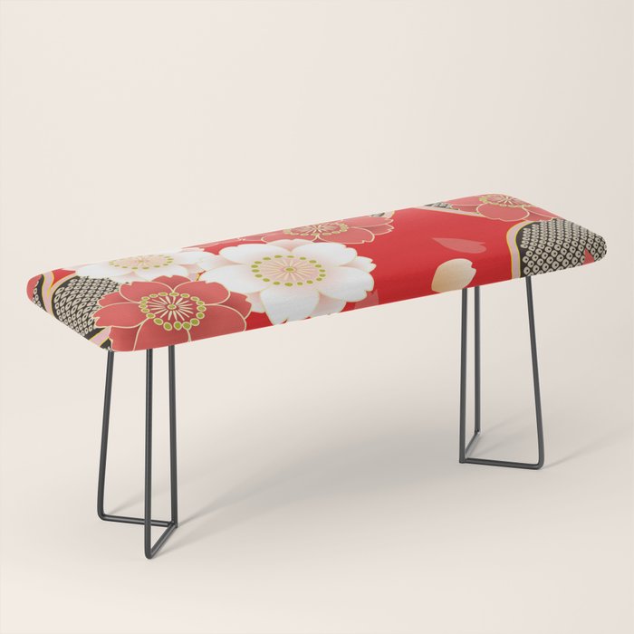 Japanese Vintage Red Black White Floral Kimono Pattern Bench Gallery Image 1