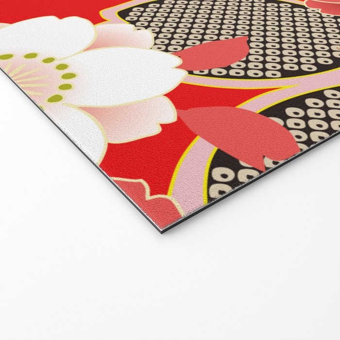Japanese Vintage Red Black White Floral Kimono Pattern Welcome Mat Gallery Image 2