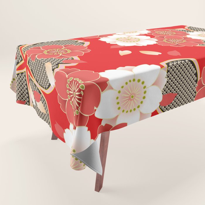 Japanese Vintage Red Black White Floral Kimono Pattern Tablecloth Gallery Image 1