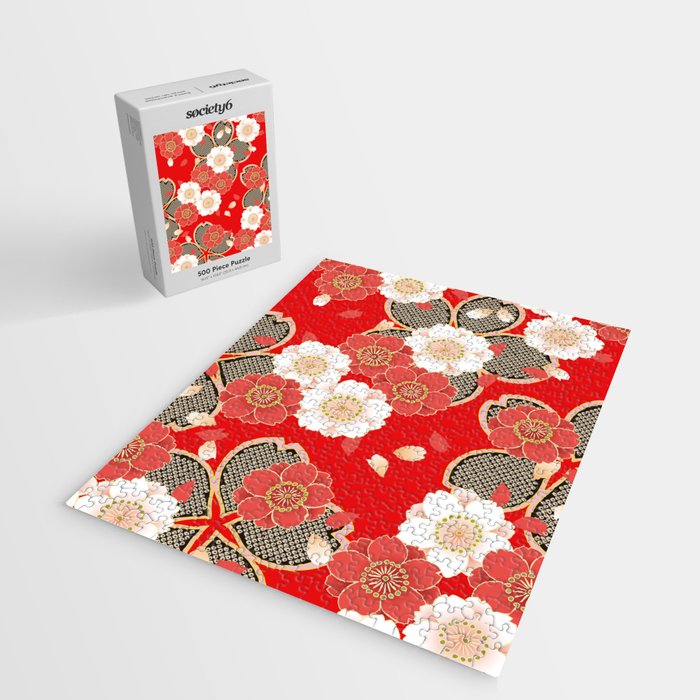 Japanese Vintage Red Black White Floral Kimono Pattern Jigsaw Puzzle Gallery Image 2