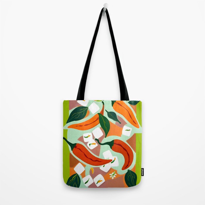 Chilies & Ice Cubes, Plants Botanical Contrast Veggies, Kitchen Cook Food, Spicy Recipe Eclectic Bohemian Painting Tote Bag Gallery Image 2