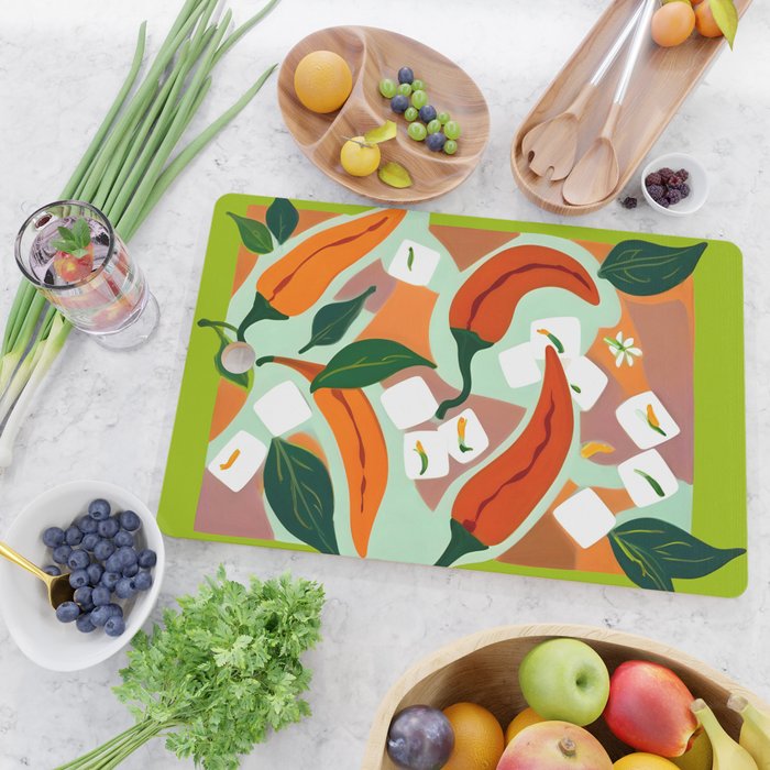 Chilies & Ice Cubes, Plants Botanical Contrast Veggies, Kitchen Cook Food, Spicy Recipe Eclectic Bohemian Painting Cutting Board Gallery Image 2