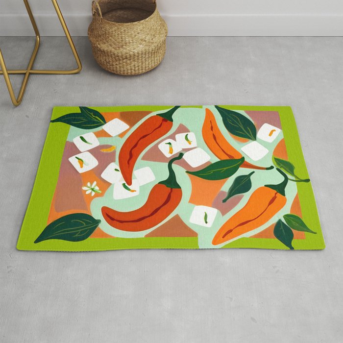 Chilies & Ice Cubes, Plants Botanical Contrast Veggies, Kitchen Cook Food, Spicy Recipe Eclectic Bohemian Painting Rug Gallery Image 1