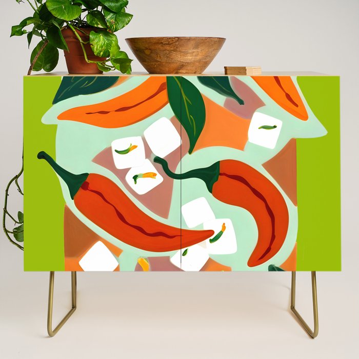 Chilies & Ice Cubes, Plants Botanical Contrast Veggies, Kitchen Cook Food, Spicy Recipe Eclectic Bohemian Painting Credenza Gallery Image 1
