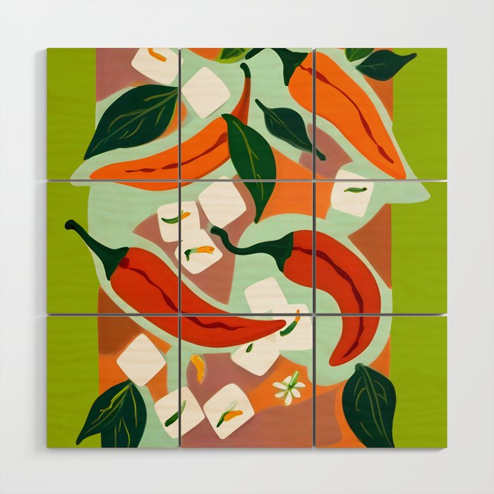 Chilies & Ice Cubes, Plants Botanical Contrast Veggies, Kitchen Cook Food, Spicy Recipe Eclectic Bohemian Painting Wood Wall Art Gallery Image 1
